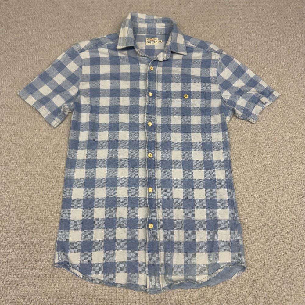 Faherty Brand Shirt Mens XS Gingham Plaid Blue Cotton Short Sleeve Preppy Casual